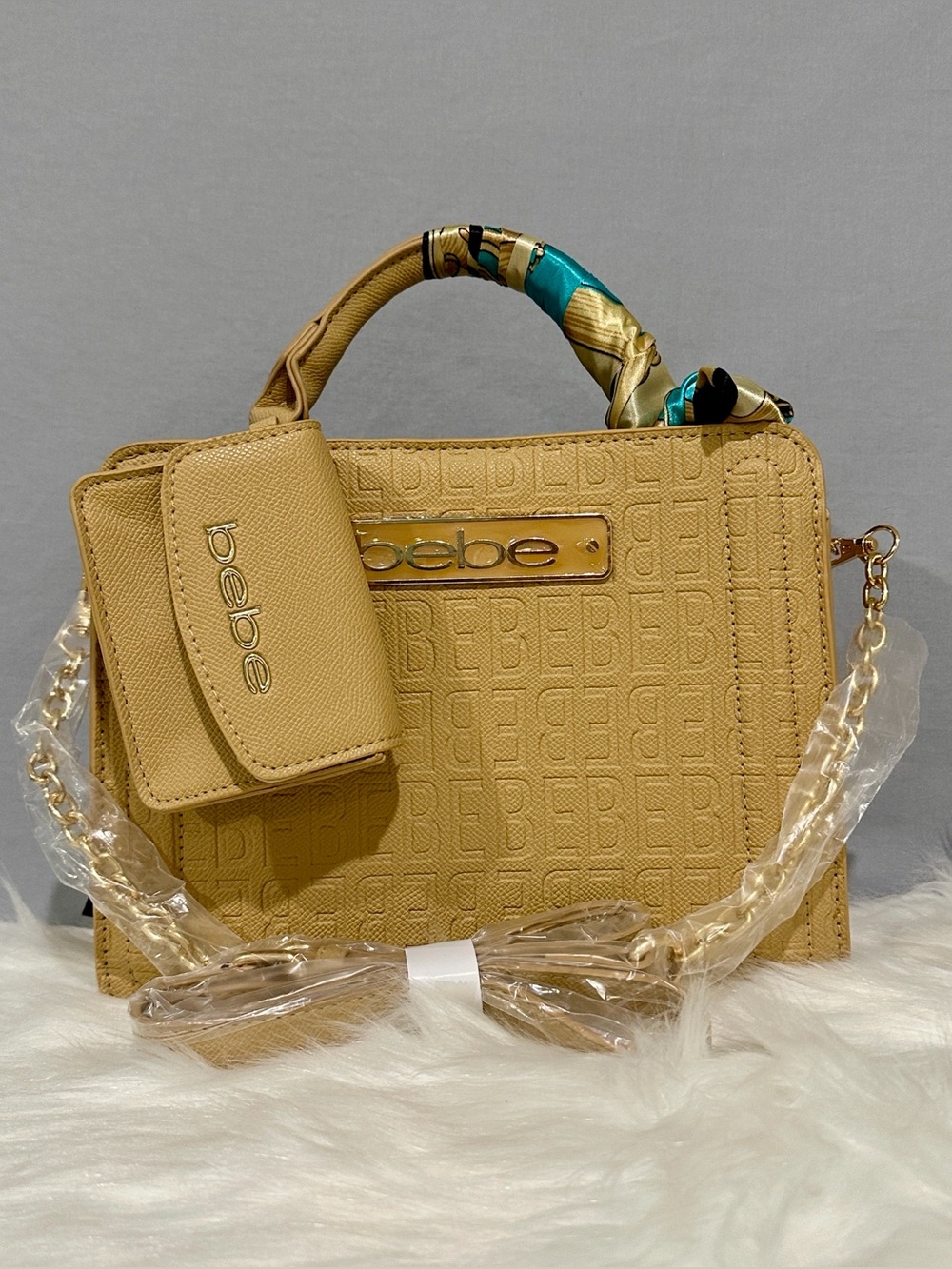 bebe Thea Small Satchel in Beige with Credit Card Holder and Removable Scarf NWT